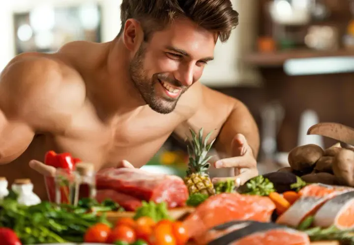 Uśmiechnięty mężczyzna z imponującą muskulaturą wybiera składniki do posiłku, który wspiera przyrost masy mięśniowej. Na stole mięso, ryby i warzywa.