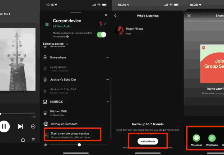 Trzy ekrany aplikacji Spotify pokazujące tworzenie sesji grupowej i udostępnianie linku.