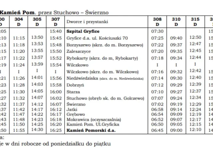 Tabela z rozkładem jazdy busów na trasie Gryfice - Kamień Pomorski, z godzinami odjazdów i nazwami przystanków.