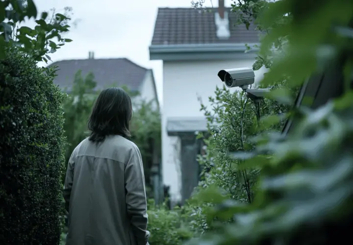 Une personne se tient dans un jardin, regardant une caméra de surveillance. La scène évoque la réglementation sur les caméras de surveillance du voisin.
