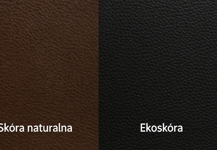 Dwa rodzaje materiałów: brązowa skóra naturalna i czarna ekoskóra, porównanie faktur.