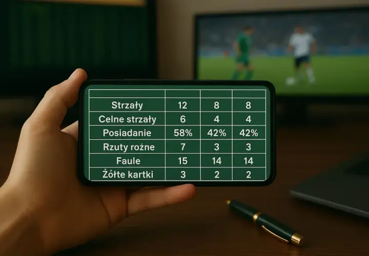 Analiza la liga – statystyki meczowe na ekranie telefonu: strzały, posiadanie piłki, faule.