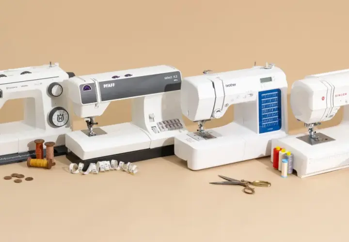 Four sewing machines are lined up, ready for beginners to learn how to use a sewing machine. Spools of thread, scissors, and fabric are nearby.