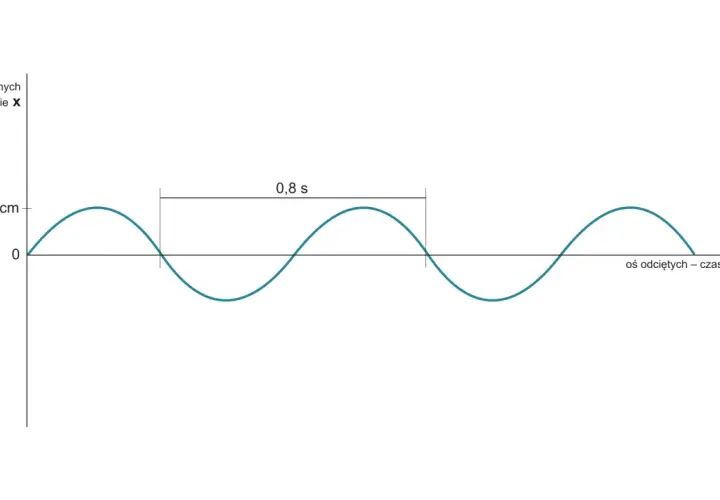 Wykres przedstawia drgania harmoniczne. Oś pionowa to położenie (X) do 2 cm, pozioma to czas (t). Okres drgań wynosi 0,8 s.