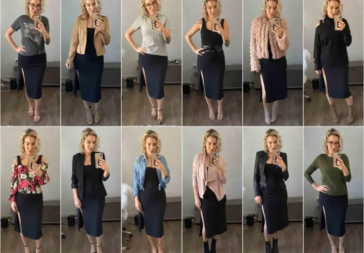 Kobieta prezentuje 12 stylizacji z czarną sukienką. Pokazuje, co do sukienki na wierzch, od kurtek po swetry i bluzki.