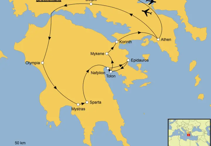 Karte von Griechenland mit Reiseroute: Athen, Delphi, Korinth, Mykene, Epidaurus, Nafplion, Tolon, Sparta, Mystras, Olympia. Flugzeuge markieren An- und Abreise.