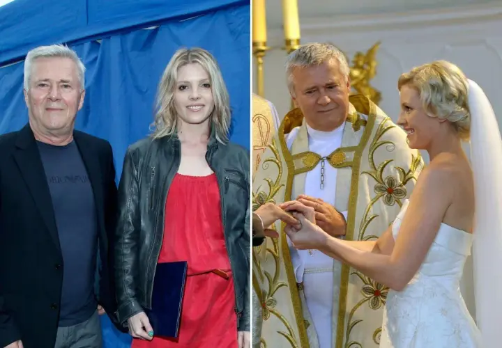 Włodzimierz Matuszak z pierwszą żoną na ślubie. Uśmiechnięta para młoda z księdzem.