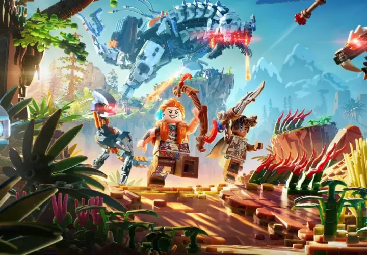 Aloy i Erend w świecie klocków Lego, gotowi na nowe lego horizon adventures. W tle ogromny mechaniczny dinozaur.