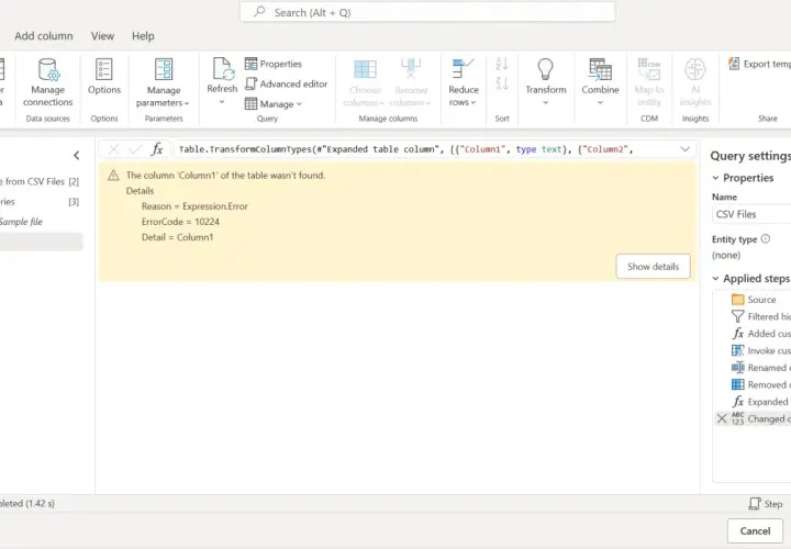 Errore in Power Query: la colonna 'Column1' non trovata durante la trasformazione di un file CSV in Excel.