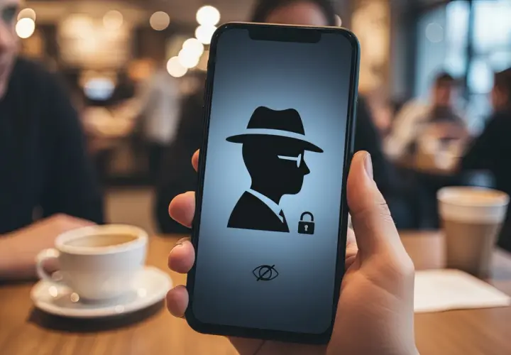 Dłoń trzyma telefon z ikoną szpiega i kłódką. W tle kawiarnia, kawa. To symbolizuje tryb incognito na telefonie.