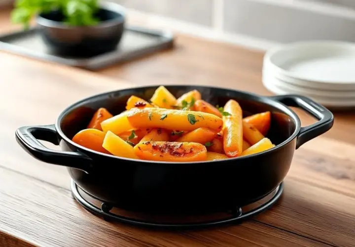 Carottes rôties dans un plat noir, parfait pour savoir si peut on mettre une assiette au four. Délicieux et appétissant.