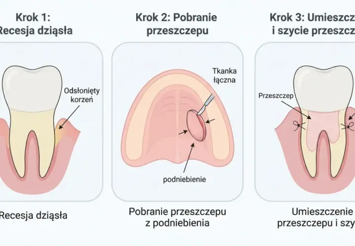 Ilustracja pokazuje etapy zabiegu: recesję dziąsła, pobranie tkanki z podniebienia i umieszczenie przeszczepu dziąsła z podniebienia.