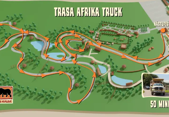 Mapa trasy "Afrika Truck" w Safari Parku Dvůr Králové. Pomarańczowe strzałki wskazują drogę przez teren parku, gdzie można zobaczyć zwierzęta.