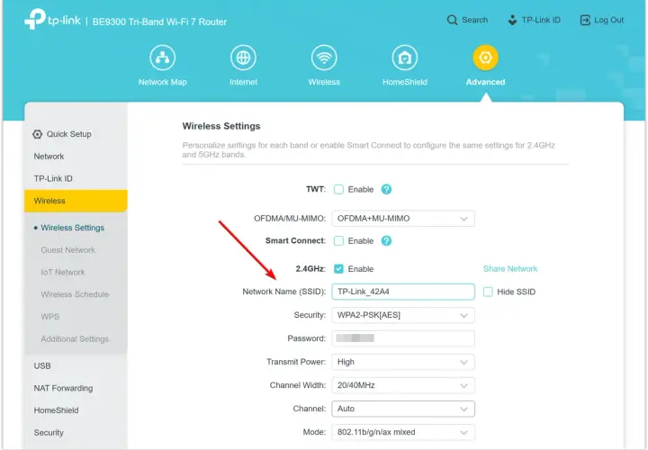 Ustawienia sieci Wi-Fi: nazwa sieci (SSID) to "TP-Link_42A4". Zobacz, co to jest SSID i jak je zmienić.