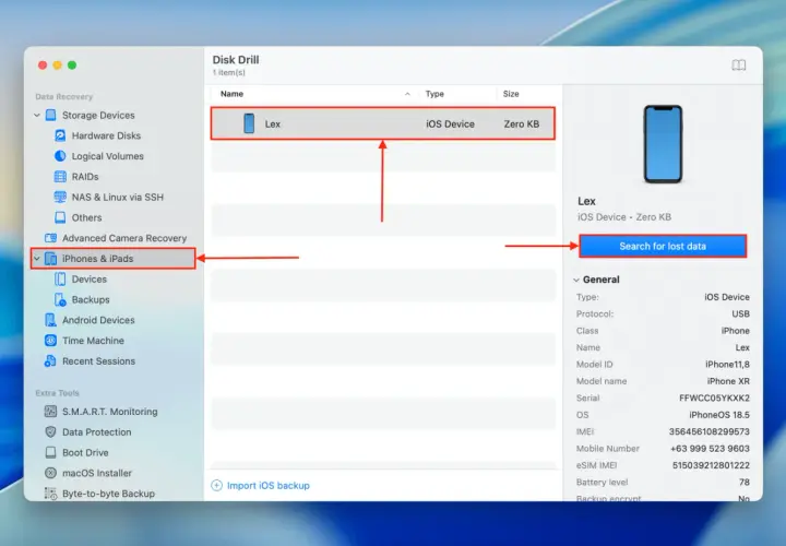 Program Disk Drill pomaga odzyskać usunięte zdjęcia z iPhone'a. Wybrano urządzenie "Lex".