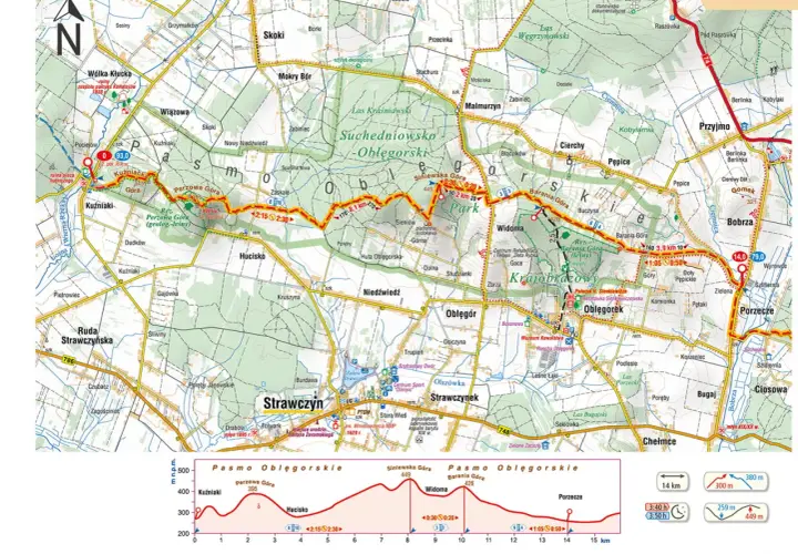 Mapa szlaku turystycznego główny szlak świętokrzyski, z zaznaczonymi punktami, odległościami i profilami terenu.