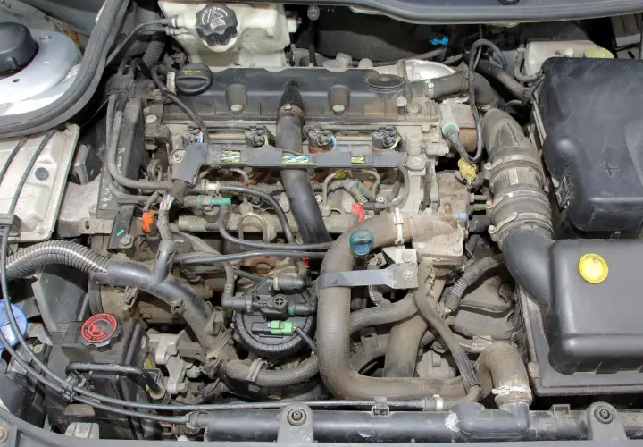 Silnik Peugeot Expert 2.0 HDI, widok z góry. Widać przewody, wtryskiwacze i elementy układu dolotowego.