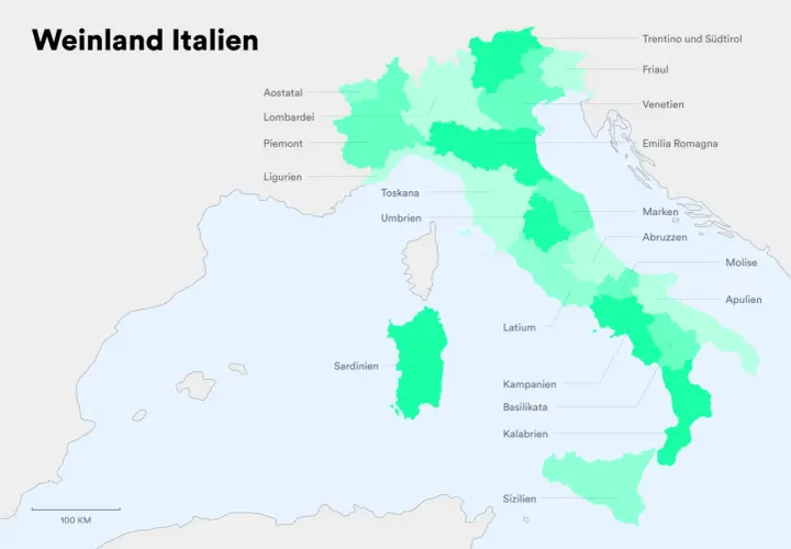 Karte von Italien mit hervorgehobenen Weinregionen. Von Aostatal bis Sizilien, jede Region repräsentiert ein Stück italienischer Weinkultur.