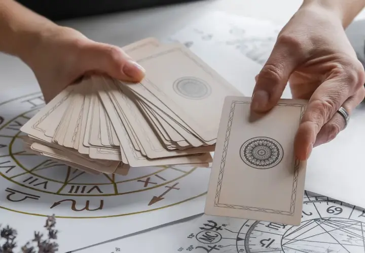 Dłonie trzymają talię kart, jedna karta z symetrycznym wzorem jest wyciągnięta. W tle widać astrologiczny krąg, jakby do wróżby z kart **high priestess tarot**.