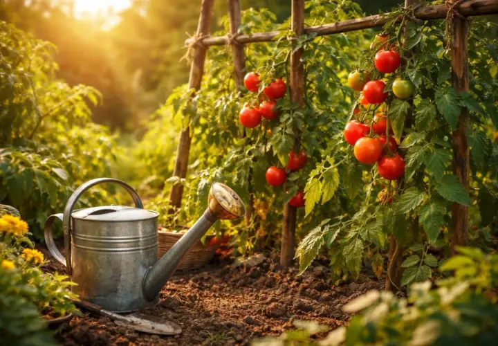 Sonnenbeschienene Tomatenpflanzen mit reifen Früchten, Gießkanne und Schaufel im Garten. So gelingt das Tomaten anbauen!