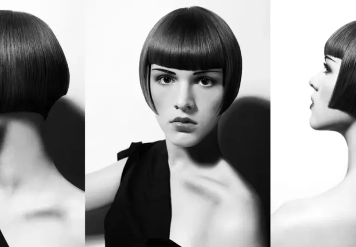 Tres vistas de un corte de pelo bob recto y pulido con flequillo recto.