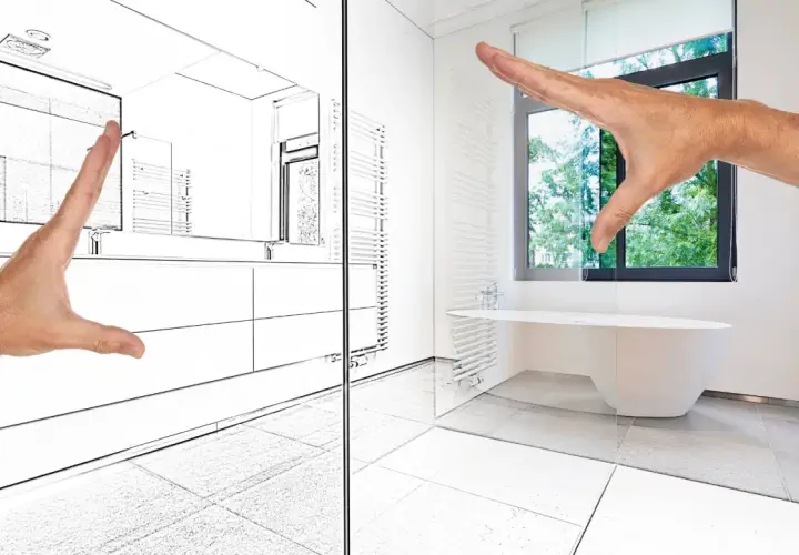 Avant/après d'une salle de bain moderne, respectant la norme salle de bain. Un croquis se transforme en réalité.