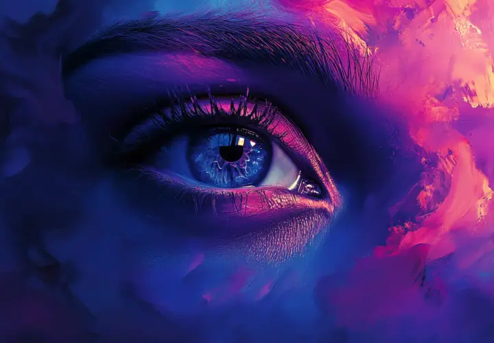 Ein blaues Auge, umgeben von lila und pinker Farbe, wie ein Kunstwerk aus dem Canva Magic Studio.