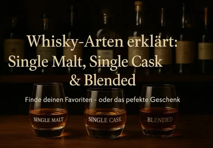 Drei Gläser mit Whisky: Single Malt, Single Cask und Blended. Erklärt den Unterschied zwischen Single Malt und Blended Whisky.