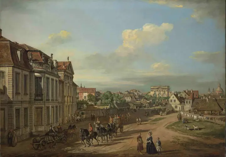 Ulica tętni życiem, wozy z beczkami i eleganckie karoce przemierzają trakt. Bernardo zwany Canaletto uchwycił gwar miasta i architekturę.
