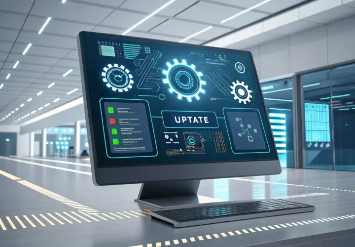 Ein Monitor zeigt technische Grafiken und das Wort "UPTATE". Dies illustriert, was ein BIOS-Update ist: eine Aktualisierung der grundlegenden Systemsoftware.