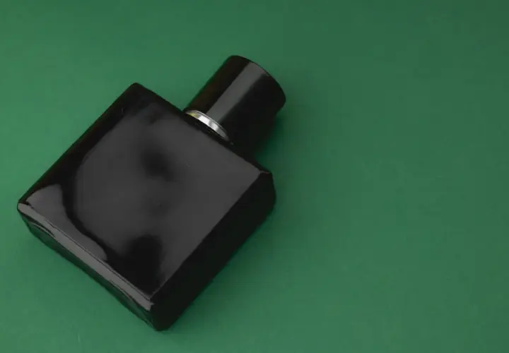Czarna butelka perfum z nutami **vetiver** na zielonym tle.