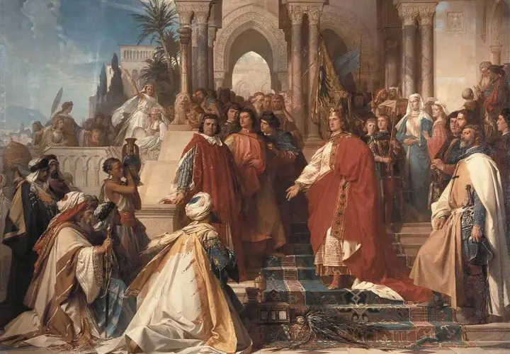 Federico II di Sicilia, incoronato e circondato da dignitari, riceve omaggi in un sontuoso palazzo.
