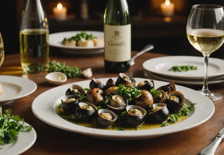 Un plat d'escargots à l'ail et persil, accompagné de pain et d'un verre de vin blanc. La question est : quel vin avec les escargots ?
