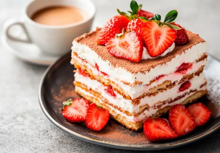 Pyszne tiramisu z truskawkami, idealne, gdy szukasz czegoś **co zamiast amaretto do tiramisu**. Podane z kawą.
