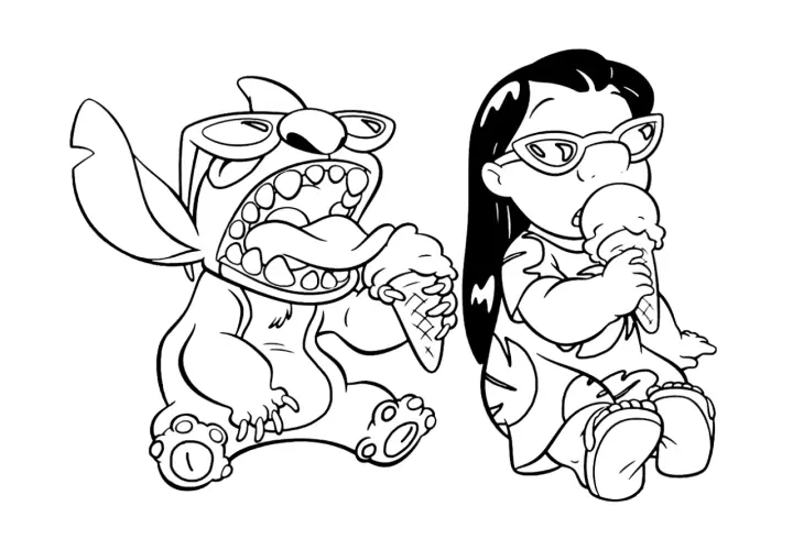 Lilo y Stitch disfrutan de helados con gafas de sol. Estos dibujos de Lilo capturan un momento dulce y divertido.