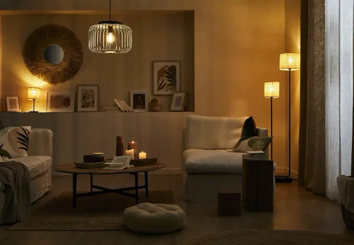 Przytulny salon z dwiema lampami, które tworzą ciepłą atmosferę. Na stoliku kawowym palą się świece.