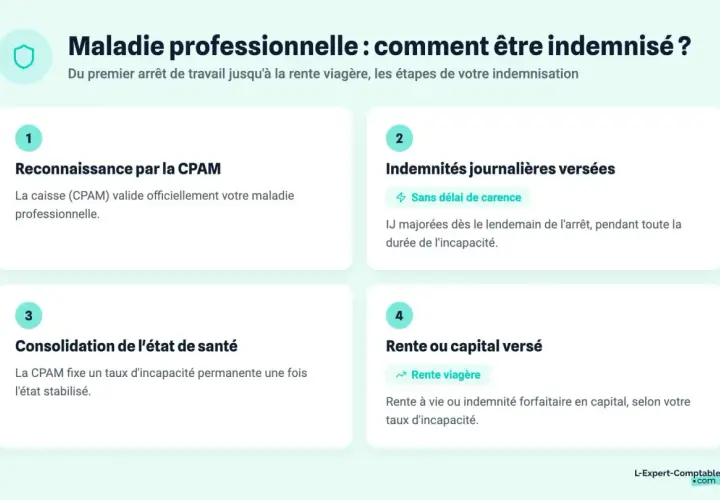 Maladie professionnelle reconnue : combien de temps pour être indemnisé ? Étapes : reconnaissance CPAM, indemnités journalières, consolidation, rente ou capital.