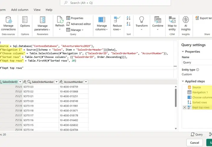 Interfaccia di Power Query con codice M per un corso Power BI gratis. Mostra i passaggi per selezionare, ordinare e filtrare dati.