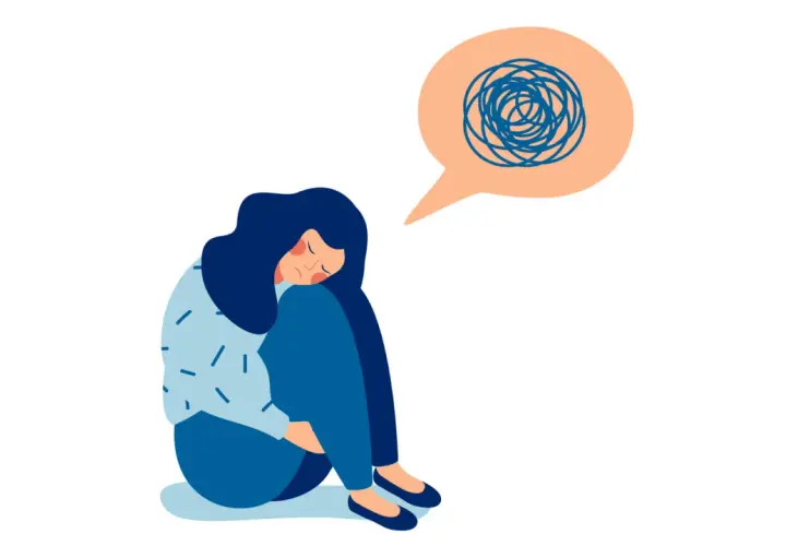 Ragazza accovacciata con pensieri confusi, simbolo di esami neurologici per depressione e ricerca di aiuto.