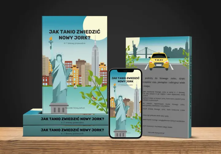 Przewodnik "Jak tanio zwiedzić Nowy Jork?" z ikonami Statuy Wolności i żółtej taksówki. Odkryj nowe jork ciekawostki i zaplanuj podróż.