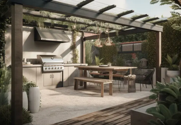 Un coin barbecue couvert, idéal pour fabriquer un espace convivial. Grill, table en bois, et végétation luxuriante créent une ambiance chaleureuse.