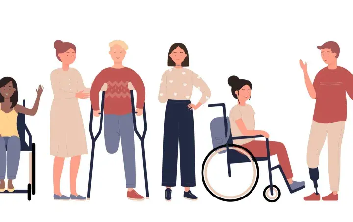 Un tableau illustrant la diversité des personnes, certaines en fauteuil roulant, d'autres avec des prothèses ou des béquilles, rappelant l'importance de la prise en compte des maladies professionnelles.