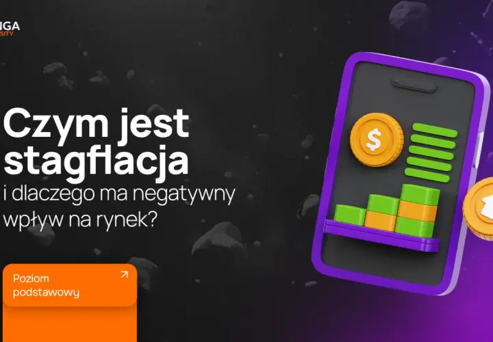 Grafika z napisem "Czym jest stagflacja i dlaczego ma negatywny wpływ na rynek?". Obok telefon z wykresem i monetami.