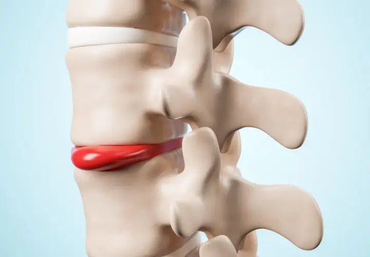 Model kręgosłupa z widoczną czerwoną, wypukłą strukturą, która symbolizuje przepuklinę kręgosłupa.