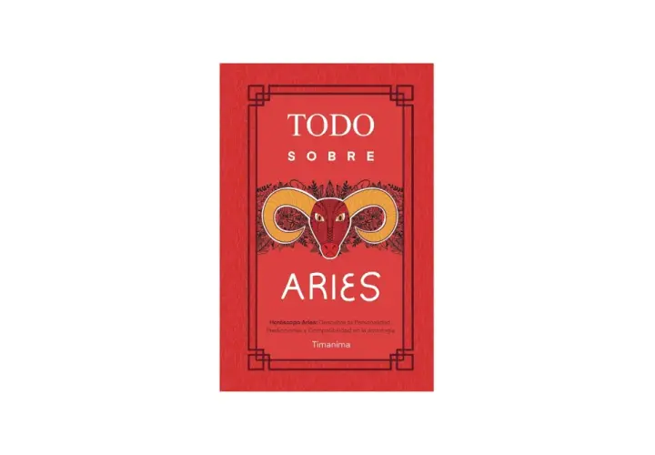 Portada de libro "Todo sobre Aries", con un carnero estilizado y texto sobre horóscopo diario Aries.