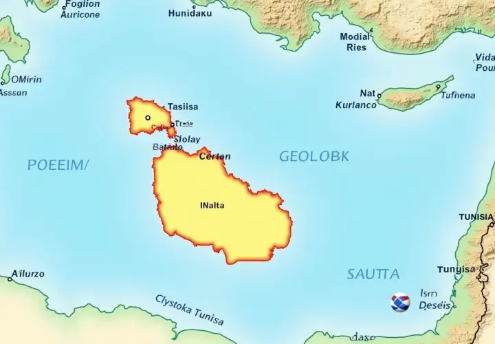 Malta leży na mapie między Włochami a Tunezją, na południe od Sycylii.