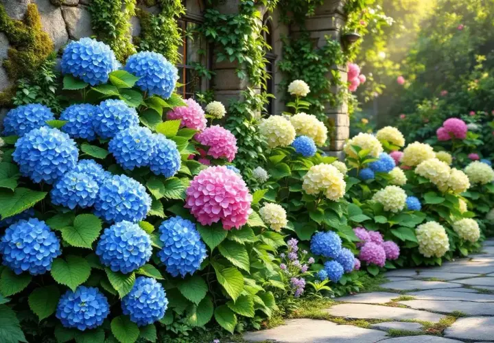 Un chemin pavé bordé d'hortensias bleus, roses et blancs éclatants, grimpant le long d'un mur de pierre couvert de végétation. La terre pour hortensia a permis cette floraison spectaculaire.
