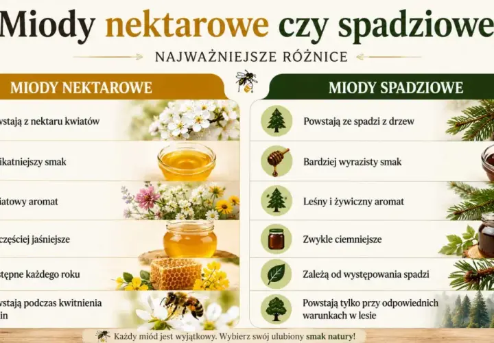 Porównanie miodów: nektarowe, delikatne, kwiatowe, jaśniejsze, dostępne co roku, kontra spadziowe, wyraziste, leśne, ciemniejsze, zależne od spadzi.