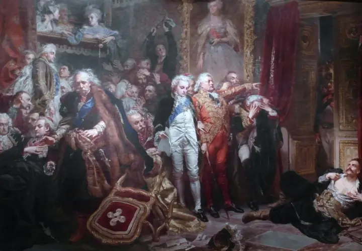 Obraz Jana Matejki "Rejtan – Upadek Polski". Dramatyczna scena protestu Tadeusza Rejtana przeciwko Sejmowi Rozbiorowemu.