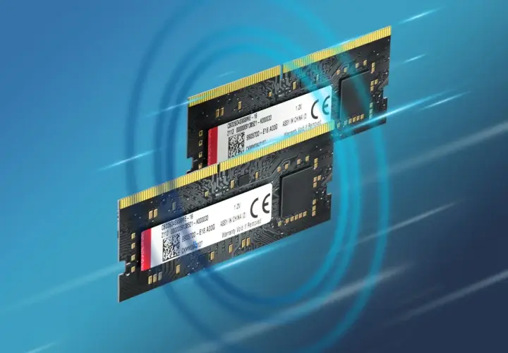 Dos módulos de memoria RAM en configuración dual channel, con etiquetas y chips visibles, sobre un fondo azul con círculos concéntricos.